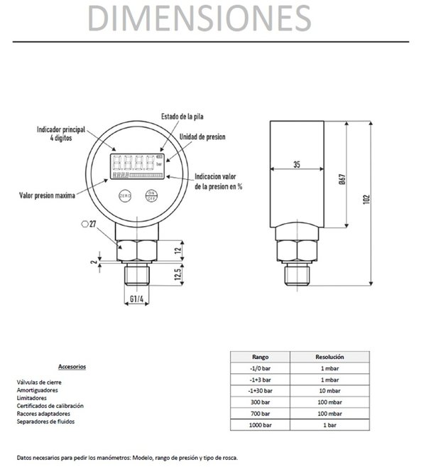 MANOMETRO PATRON DIGITAL ALTA PRESION CLASE 0,2 de 68mm 1000 bar
